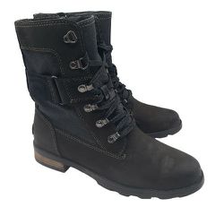 SOREL 'Emelie Conquest' Womens Sz 8.5 M Black Nubuck Combat Boots Side Zip Shoes