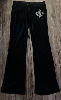 Y2K Pegasus Black Velour Flared Fleur-De-Lis Track Pants S