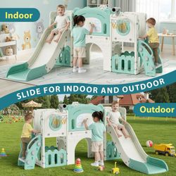 10-in-1 Large Toddler Slide Set, Kids Slide Climber Playset with Drawing Board, 