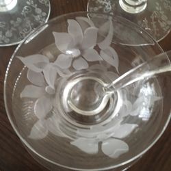 Etched Glass Relish Bowl, Spoon, Plate, & Tiered Candle Holders