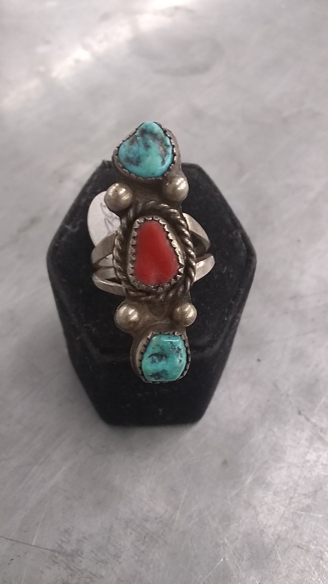 Silver ring with turquoise and coral