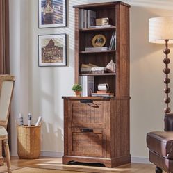 Bookcase with 2 File Drawers, 72" Tall Farmhouse Bookshlef with Storage and Adjustable Shelves, 4 Tier Rustic Wood Bookshelf with Cabinet for Office, 