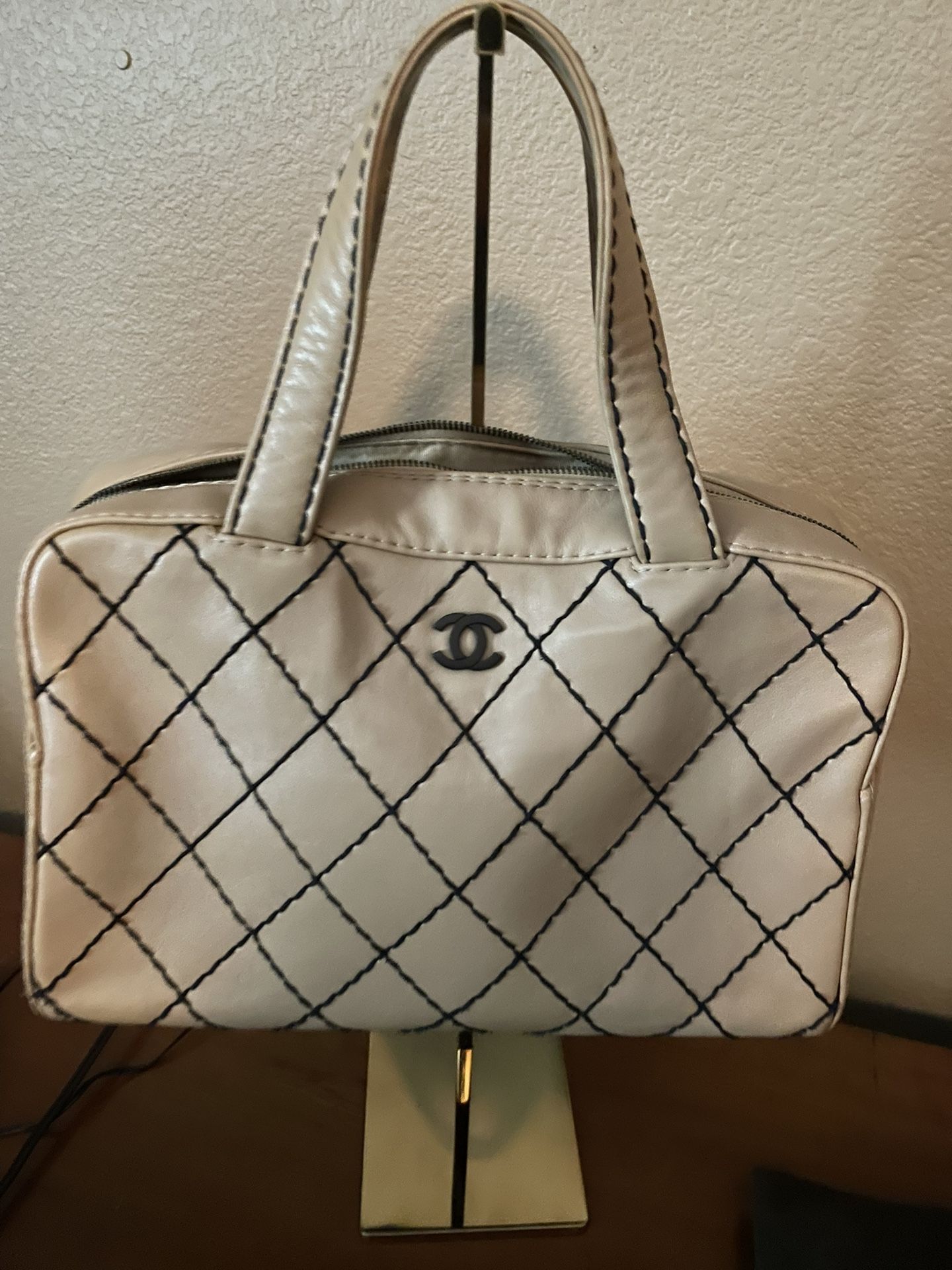 CHANEL BEIGE LEATHER WILD STITCH BOSTON BAG