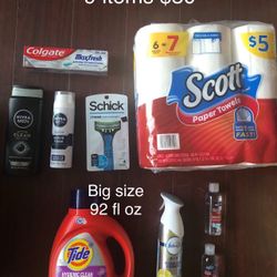 1 Big Tide Liquid Soap; Scott Paper Towels; Febreze; Schick Razor; 2 Nivea Shave Gel & Body Wash; Toothpaste: 9 Items$30