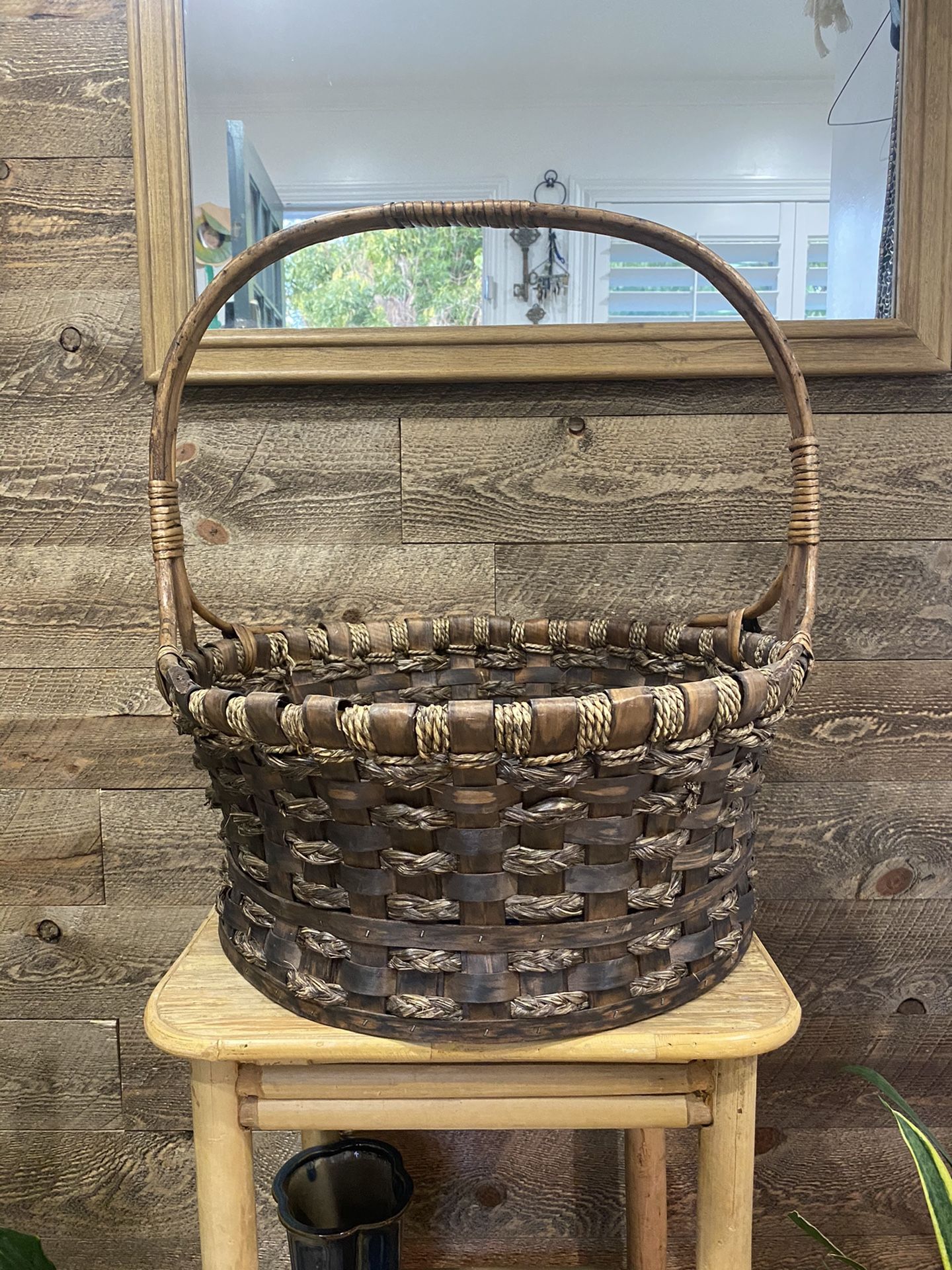 Large Dark Brown Woven Wicker Basket With Handle