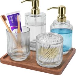 Bathroom Accessory Set,5 PCS Modern Premium Clear Glass Bath Accessories,Set of 2 Lotion Soap Dispensers,Toothbrush Holder,Qtip Holder & Acacia Wooden