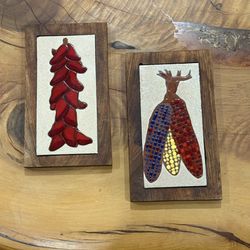 Vintage Ceramic Tile Wall Art Set Chili Peppers & Corn Wood Frame Kitchen Decor