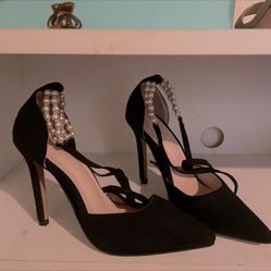 Black Pearled String Around Leg Heels