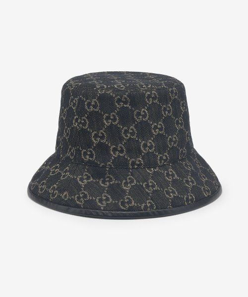 Gucci GG Supreme Monogram Denim Canvas Bucket Hat Black w Calf Leather Trim