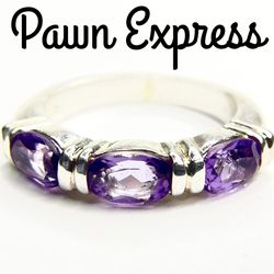 Sterling Silver 3-Stone Amethyst Ring Band 