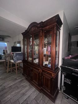 Large Dark Wood China Cabinet with Glass Doors
