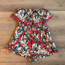 Flower Flora Pom Pom Detail Strapless Romper Jumpsuit Women Size L