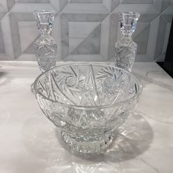 Pinwheel Design Lead Crystal American Brilliant Cut 7” pair of candlesticks & bowl (4”T x 6” dia) (bowl has very slight etching in the bottom)