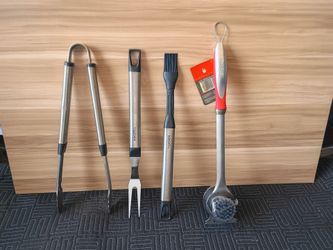 BBQ Grill Tool Set - Tongs, Fork, Brush, Scraper