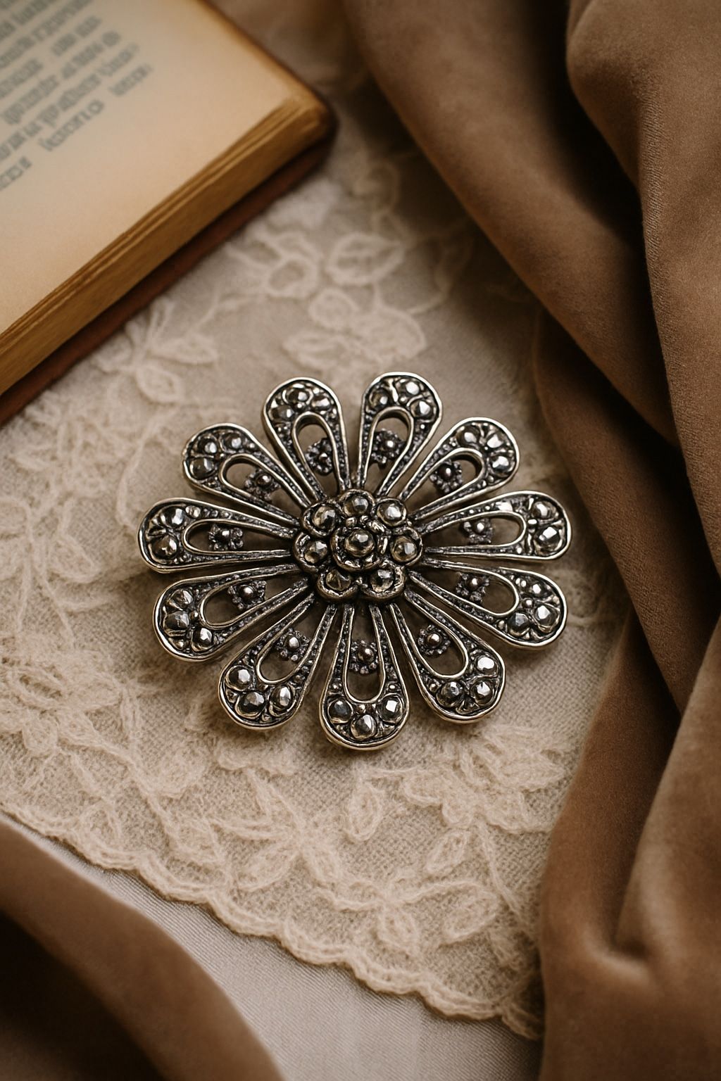 Vintage 1980s Silvertone Vintage Glam Marcasite-Look Filigree Brooch, 1.5”