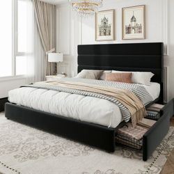 Queen Size Storage Platform Bed Frame with 4 Drawers & Upholstered Velvet Slat Headboard, Grey