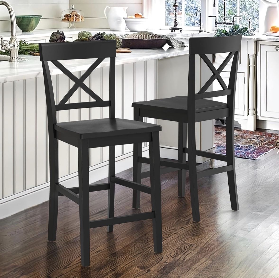 Counter Height Bar Stools 24" H Wooden Counter Stools with Back and Footrest, X-Back Farmhouse Barstools for Kitchen Island, Home Bar, Black