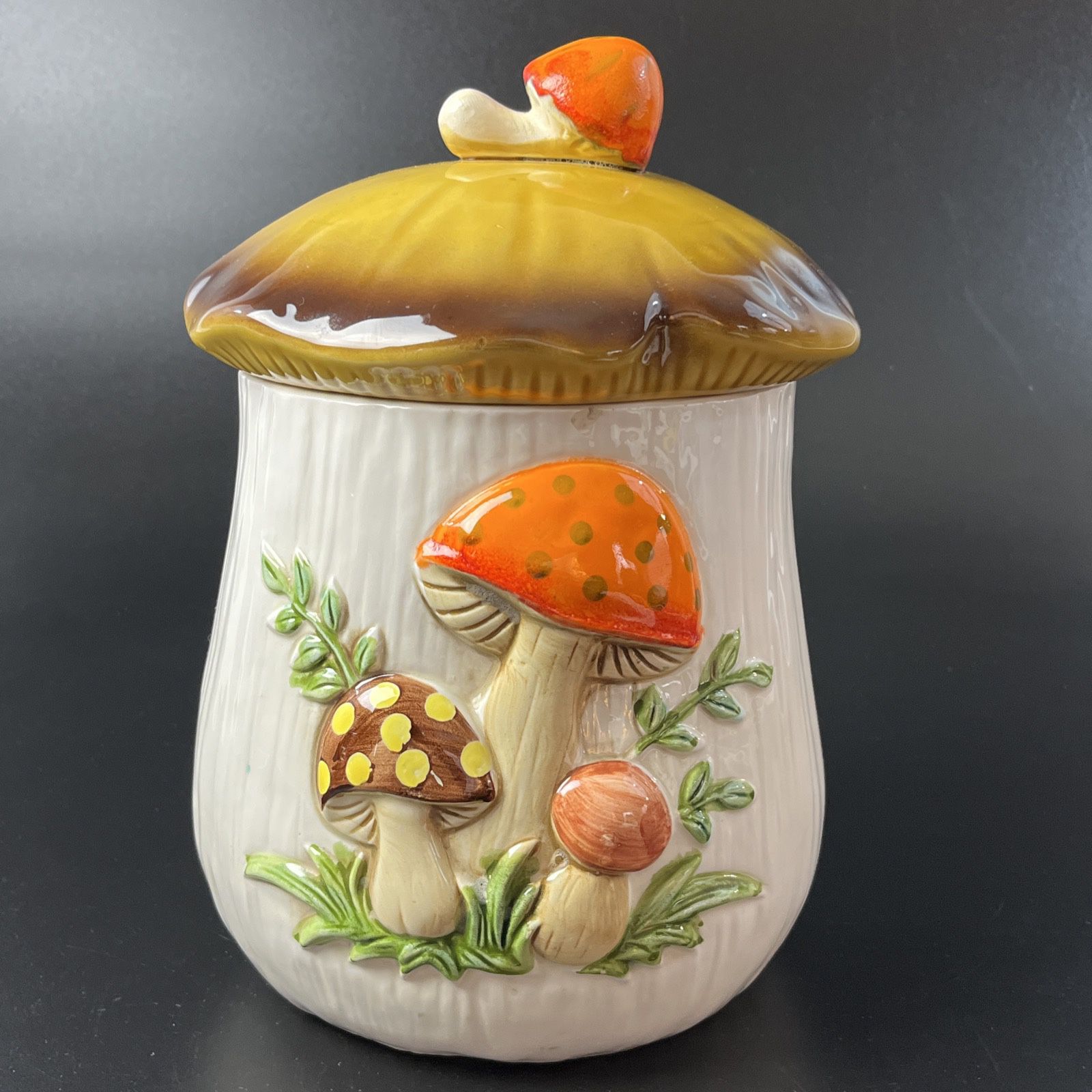 Vintage Merry Mushroom Canister Sears and Roebuck 1976 Large 11" Cookie Jar  Does have a chip on the rim which is pictured.  No others found but does 