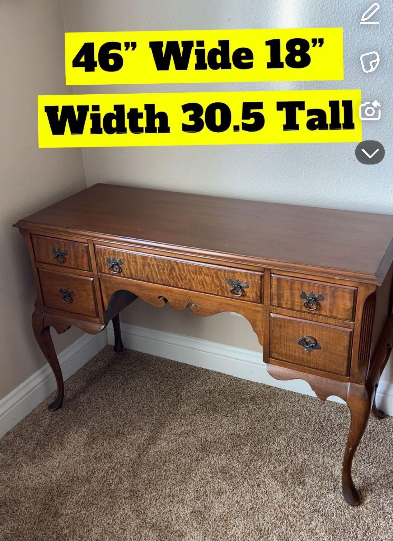 Antique English Queen Anne Style Writing Desk with 5 Drawers