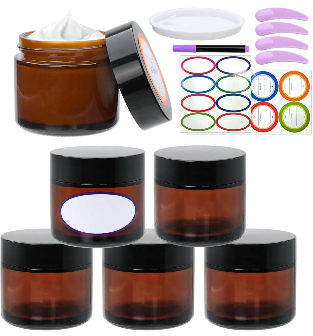 2oz Small Travel Containers with Black Lids,6 Pack Amber Glass Jars with Mini Disposable Spatula for Toiletries,Travel Storage,Makeup Beauty Products,