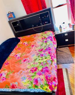 Raymour & Flanigan Full Size Bed with Mattress & Storage Headboard