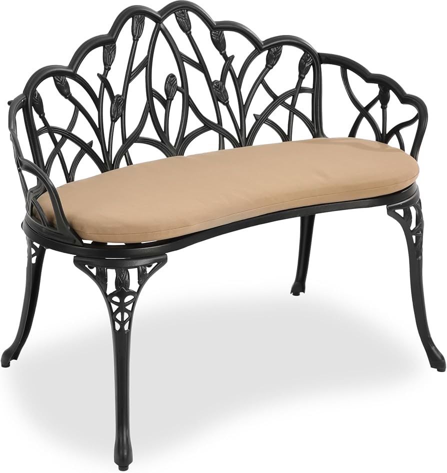 Outdoor Patio Bench, Garden Benches with Cushion All-Weather Cast Aluminum Extra Loveseat for Lawn Front Porch Path Yard Decor Deck Furniture Black