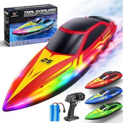 Remote Control Boat with 7-Mode Colorful LED Lights,10 Inch RC Boat,15KM/H High Speed,2.4GHz Remote,3 Speed Modes,2 Rechargeable Batteries,Auto Flip R