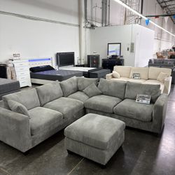 BRAND NEW GREY CORDUROY SECTIONAL SOFA COUCH WITH OTTOMAN 