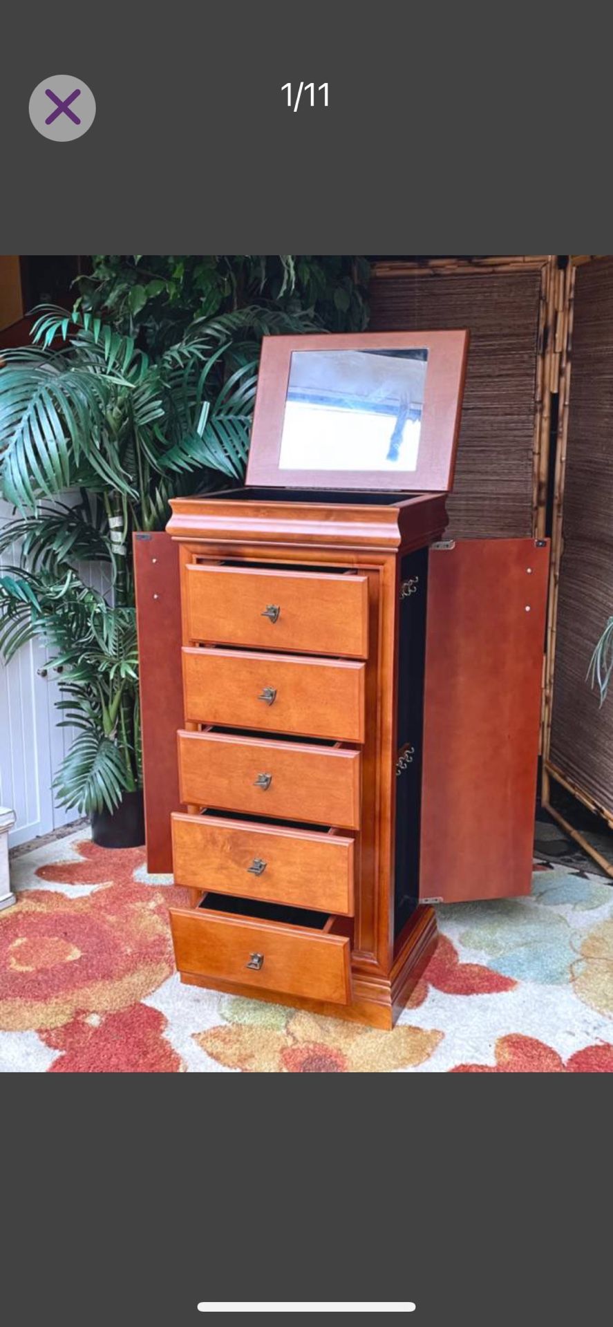 Cherry Jewelry Armoire with Mirror, Solid Wood. - 40H x 18W x 13D closed - 53H x 36W x 13D open