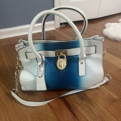 MICHAEL KORS HAMILTON SPRAY WHITE/ SUMMER BLUE EW SATCHEL LEATHER HANDBAG
