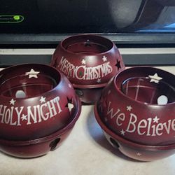 CHRISTMAS SLEIGH BELL VOTIVE CANDLE HOLDERS TRIO