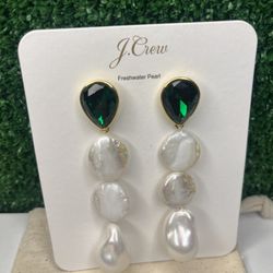 J. Crew freshwater pearl earrings with green gem NWT Brand New