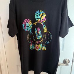Black Mickey Mouse graphic tee with colorful text