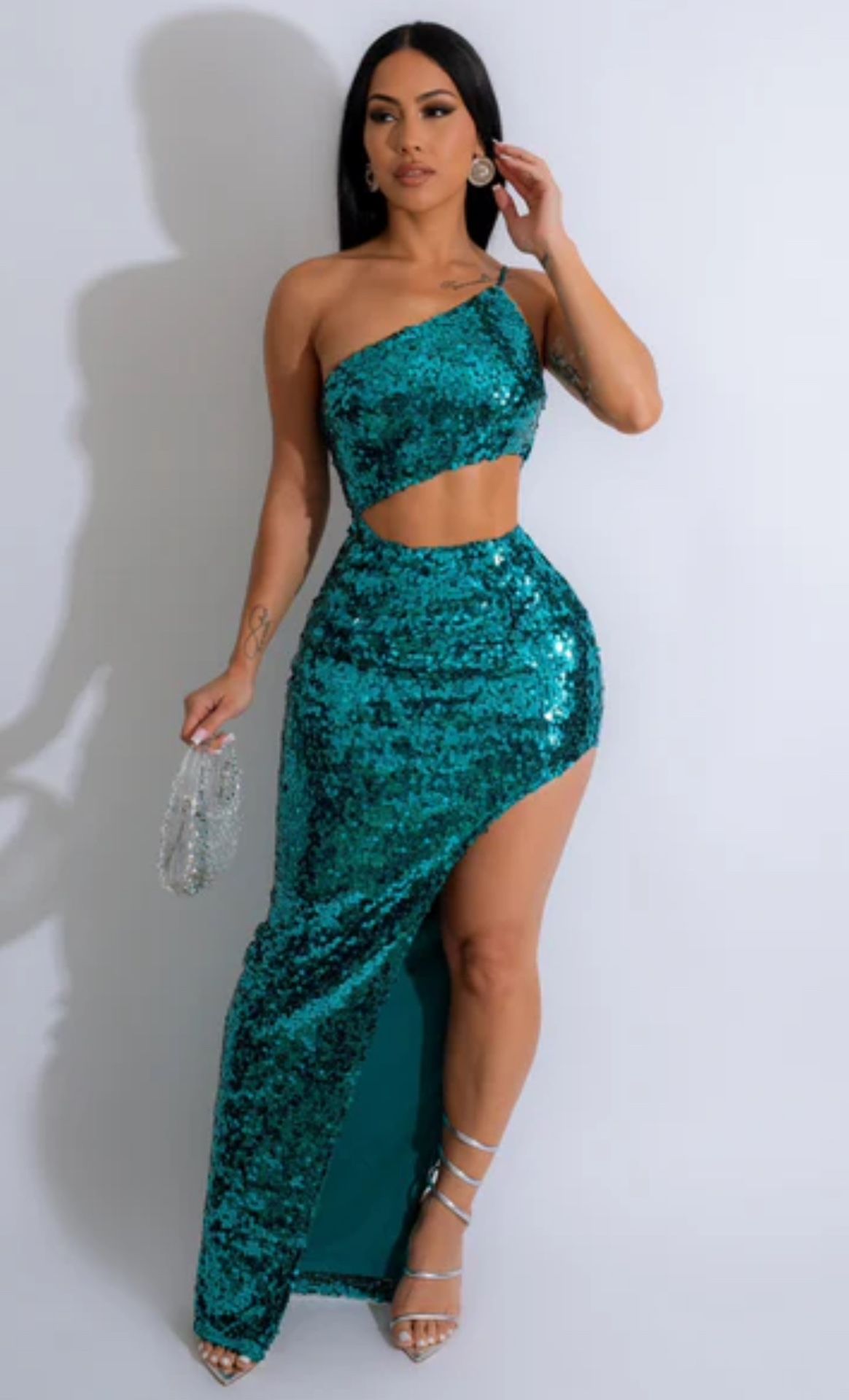 Sequin maxi Dress Turquoise Color Size S 