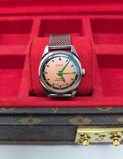 Vintage Oris Salmon Pink Automatic Mechanical Swiss Watch Silver Shark Mesh 38mm