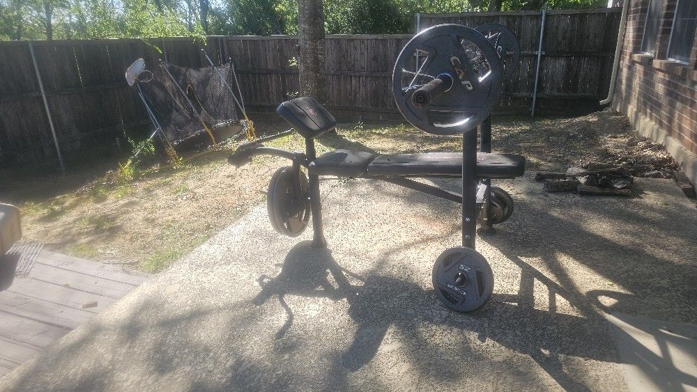 Weight Bench, Olympic Bar And Weights