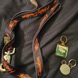 Harley Davidson 47" dog leash and 2 key chains, silver is nice, green has some rust on the metal parts. East, west, north