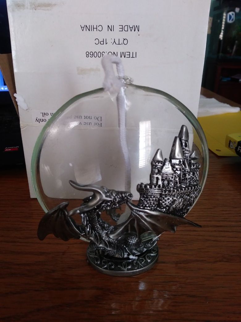 Pewter Dragon and Castle Fantasy Oil Burner Never Used 5" Tall