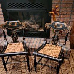 Pair Georgian Baltimore 1840's Ebony Chairs With Gold Gilt.