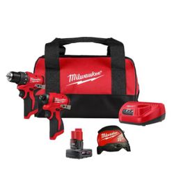 MILWAUKEE M12 12-Volt Lithium-Ion Brushless Cordless Subcompact Drill and Impact Driver Combo Kit Bonus Tape Measure