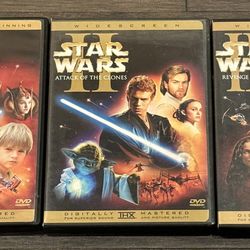 STAR WARS DVD’S 1, 2, 3, THE PHANTOM MENACE, ATTACK OF THE CLONES, REVENGE OF THE SITH