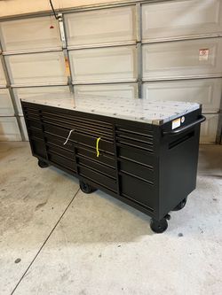 New Husky Tool Storage 84 in. W x 24 in. D Heavy Duty Mobile Workbench Tool Chest with Stainless Steel Work Top in Matte Black