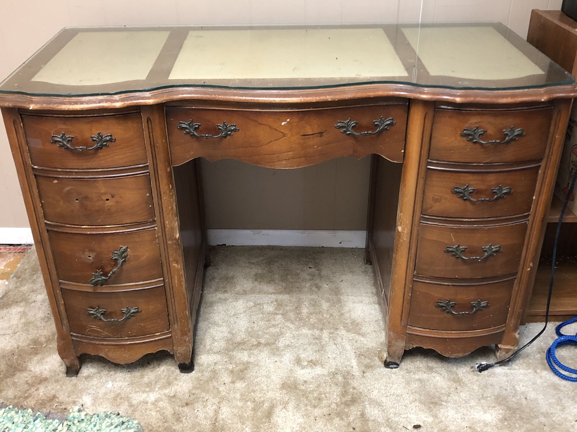 Antique wooden desk with Leather Top and glass top