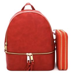 Red Backpack w/Wallet Faux Leather/Vegan Set Of Two (2)