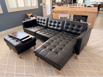 IKEA Karlstad Black Leather Sofa with Ottoman & Custom Wood Trays