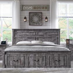 Rustic Gray Wood Queen Storage Bed Frame
