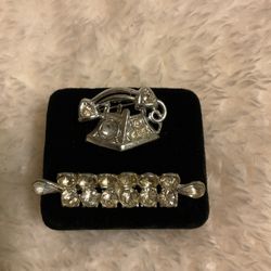 2 Vintage Silver Tone Brooches With Rhinestones 