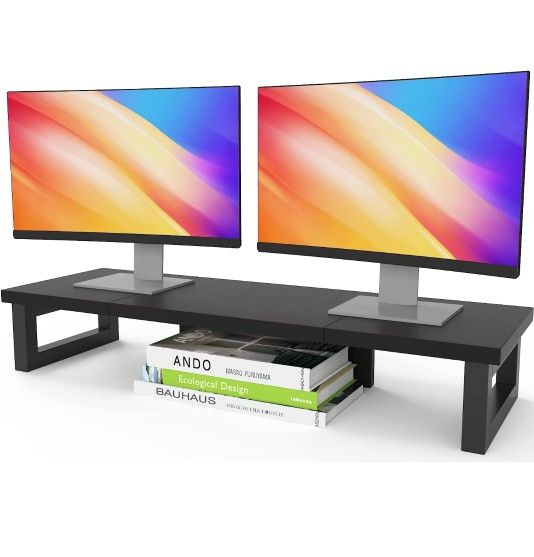 Dual Monitor Stand Riser, Sturdy Wood & Steel Computer Monitor Stand, Monitor Stand Riser for 2 Monitors, Multi-Purpose Desktop Organizer Riser for Co