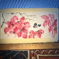 Vintage Chinese Painting Of Butterfly & Flowers