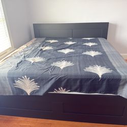 Ikea Brimnes King Bed with Headboard & 4 Storage Boxes (Black)